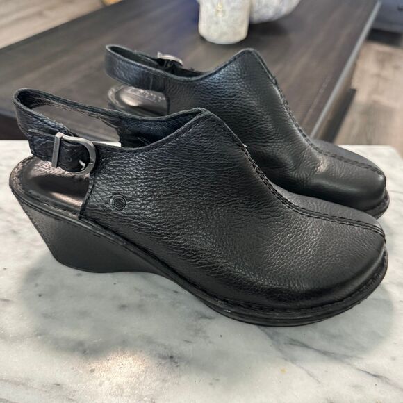 Born black soft Leather Adjustable Strap Wedge Clog. 10M - Picture 1 of 8